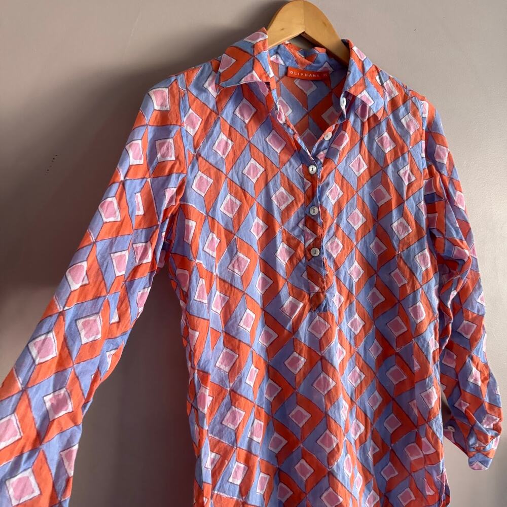 OLIPHANT Pink Orange Chevron Print Button Up Collar Tunic Shirt Cover Up XS - Picture 4 of 6